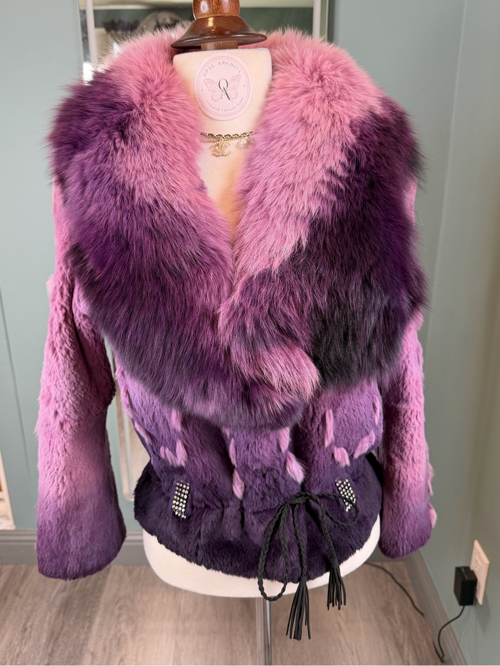 Vintage Purple Rabbit Fur Jacket Oversized Fox Fur Collar Y2K XS/S